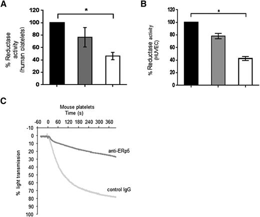 Figure 4. Inhibition of function of platelet and endothelial ERp5 with anti-ERp5 antibody. Inhibition of disulfide reductase activity on the activated cell surface of human platelets and HUVECs measured in the di-E-GSSG reduction assay. (A) Percent reductase activity of platelets in the presence of anti-ERp5 antibody (0.3 µM, gray; 1.2 μM, white) compared to reductase activity of platelets in the presence of control IgG (1.2 μM, black). (B) Percent reductase activity of HUVECs in the presence of anti-ERp5 antibody (0.3 µM, gray; 2.2 μM, white) compared to reductase activity of HUVEC in the presence of control IgG (2.2 μM, black). N = 3 in triplicate; *P < .05. (C) Inhibition of mouse platelet aggregation with anti-ERp5 antibody. Platelets were incubated with control IgG or anti-ERp5 antibody (0.2 μM) and subsequently stimulated with thrombin (0.2 U/mL).