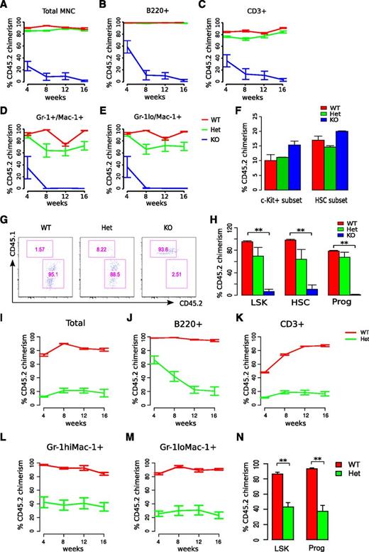 Figure 3. miR-29a/b-1-deficient HSCs exhibit reduced self-renewal and reconstitution capacity. (A-E) Donor cell chimerism of total peripheral blood leukocytes or specific cell lineages in the peripheral blood was examined following total bone marrow cell transplant. Donor chimerism (CD45.2+) levels were evaluated following transplantation of 2 million total bone marrow cells from WT, Het, or KO mice into lethally irradiated recipients. (F) Bone marrow cells from both femurs and tibias were examined for donor chimerism 20 hours after transplant using the same transplantation protocol used for competitive transplants. Each group includes 6 to 10 recipient mice transplanted with cells from >3 different donors. (G) Representative flow cytometric analysis of HSPCs in WT, Het, and KO recipients 16 weeks after transplant, previously gated on LSK cells. (H) Summarized results of flow cytometric analysis of bone marrow cells in recipients 4 months after the second transplantation. (I-M) Donor cell chimerism of secondary recipients transplanted with total bone marrow cells from primary recipients transplanted with WT or Het cells. (N) Flow cytometric analysis of HSPCs in the bone marrow of secondary recipients. Statistical significance was calculated using a Student t test: *P < .05; **P < .01.