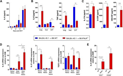 Figure 3. IL-6 is generated by recipient lung epithelium and endothelium. G-CSF mobilized BALB/c.WT grafts were transplanted into lethally irradiated B6.WT and B6.IFN-γR−/− recipients (n = 5 to 12 per group combined from 2 experiments). Sera were obtained on days 1 to 5 and soluble protein extracts were prepared from homogenized lung, liver, and GI tract tissue harvested on day 5 post-SCT. (A) Serum IL-6 levels. (B) IL-6 and TNF levels measured in soluble protein extracts from lung, liver, and GI tract tissue. ****P < .0001; ***P < .001; **P < .01. (C) IL-17A, G-CSF, and GM-CSF levels measured in soluble protein extracts from lung tissue on day 5. ***P = .0008; G-CSF, **P = .002; *P = .011. (D) Lung tissue was harvested from B6.WT and B6.IFN-γR−/− recipients (n = 4 to 10 combined from 2 replicate experiments) of G-CSF mobilized BALB/c CD45.1+ grafts and cells were sort purified based on donor hematopoietic (CD45.1+), recipient hematopoietic (CD45.2+), or recipient nonhematopoietic (CD45.1negCD45.2neg) congenic markers at day 5 post-SCT. Cytokine expression was analyzed by real time quantitative reverse transcription PCR (qRT-PCR) for IL-6, TGFβ, and IL-21 transcripts. mRNA expression was determined relative to the expression of the housekeeping gene, β2M. IL-6: ***P = .0006, host hematopoietic WT vs IFN-γR−/−; ****P < .0001, host nonhematopoietic WT vs IFN-γR−/−; *P = .03, host hematopoietic IFN-γR−/− vs host nonhematopoietic IFN-γR−/−; IL-21: *P = .02, donor hematopoietic WT vs IFN-γR−/−; **P = .001, host nonhematopoietic WT vs IFN-γR−/−; TGFβ: **P = .003, host hematopoietic WT vs IFN-γR−/−; ****P < .0001, host nonhematopoietic WT vs IFN-γR−/−. (E) IL-6 mRNA expression quantified in sort purified pulmonary endothelial cells (CD45negCD31+) and epithelial cells (CD45negCD326+) from lung tissue harvested at day 5 post-SCT (n = 5 to 9 per group combined from 2 replicate experiments). **P = .007, epithelial cells, WT vs IFN-γR−/− recipients.