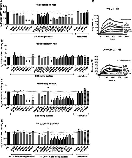 Figure 2. Influence of the mutations on FH binding. Kinetic analyses were performed by SPR with immobilized FH or FH CCP19-20. The running buffer was composed of 10 mM N-2-hydroxyethylpiperazine-N′-2-ethanesulfonic acid (HEPES; pH 7.4), 0.005% Tween-20, and 25 mM NaCl. The recombinant C3 proteins were injected for 300 seconds at 30 μL/min, followed by dissociation of 300 seconds. The chip was regenerated by injection of 0.5 M NaCl. The results are presented as a fraction of WT binding. (A) Association rate constants for FH binding. (B) Dissociation rate constants for FH binding. (C) Affinity for FH binding. (D) Example of SPR sensorograms and kinetic fits for FH binding. (E) Affinity for FH CCP19-20 binding. The black arrows represent mutant proteins for which the binding was low and kinetic constants could not be calculated. *P < .05; **P < .005, t test.