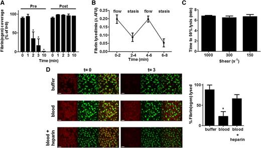Figure 2. Fibrinolysis under physiological flow conditions. (A) Thrombi were formed from blood samples obtained from cardiothoracic patients pre- and post-tranexamic acid treatment (2 mg). Blood was preincubated with DiOC6 (0.5 µg/ml) to label platelets and fibrinogen-AF647 (16.7 µg/ml), and perfused (1000 s−1) over a collagen/TF-coated surface for 7 minutes in the presence of 75 nM tPA. HEPES buffer, pH 7.45 (t = 0) was then allowed to perfuse through thrombi at 1000 s−1. The fluorescent thrombi were lysed by perfusion (t = 0) with buffer 1 (HEPES buffer, pH 7.45) for 10 minutes. Quantification of surface area covered with fibrin(ogen) as compared with t = 0. Data represent mean ± SD, n = 3. (B) Thrombi from blood of normal individuals were formed as described for (A) except with inclusion of 10 nM tPA, and during the lysis stage flow was alternated between 1000 s−1 and stasis every 2 minutes. (C) Thrombi were formed as for (B) before perfusing at 1000 s−1, 300 s−1, or 150 s−1 (t = 0) with buffer 1 (HEPES buffer, pH 7.45) for 8 minutes, followed by buffer 2 (HEPES buffer, pH 7.45 with 10 nM tPA) until lysis was complete. Quantification is shown as time to 50% lysis (mean ± SD). (D) Thrombi were formed as above in the presence of 75 nM tPA. After formation (t = 0), thrombi were subsequently perfused with HEPES buffer, pH 7.45, whole blood, or heparinized whole blood containing tPA (75 nM) for up to 20 minutes. Representative images of thrombi labeled for fibrin(ogen) (red), platelets (green), and overlay (yellow). Scale bars represent 50 µm. Quantification shown of percentage of fibrin(ogen) lysed based on initial surface coverage from 0 to 3 minutes. AFU, average fluorescence units. Data represent mean ± SEM, n ≥ 3, P < .05.