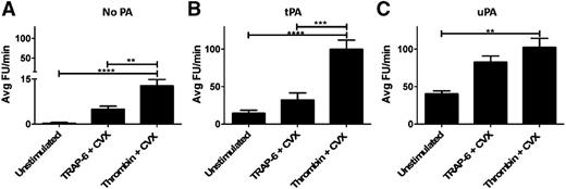 Figure 5. Platelet stimulation enhances plasminogen activation. (A) Washed platelets (5 × 108 platelets/ml) were stimulated with CVX (100 ng/ml) + thrombin (100 nM) or TRAP-6 (15 µM) for 45 minutes. (B-C) Platelets were then diluted to a final concentration of 6 × 107 platelets/ml ± tPA or uPA (1 nM) in the presence of hirudin (0.3 µg/ml) and D-Val-Leu-Lys-7-amido-4-methylcoumarin (0.35 mM). Plasmin generation was measured as fluorescence release and quantified as average FU per minute. **P < .01; ***P < .001; ****P < .0001 compared with unstimulated platelets. Data are expressed as mean ± SEM, n = 5. FU, fluorescence unit.