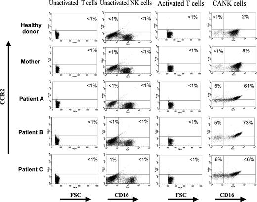 Figure 4. Specific augmented expression of CCR2 on CANK cells derived from patients with TAP-2 deficiency. Surface expression levels of CCR2 on unactivated, CANK, and activated T cells derived from multiple blood samples obtained from healthy donors (representative staining for 1 of 23 healthy donors), the mother of patients A, B, and C with TAP-2 deficiency, and the patients themselves. Indicated values represent the percentages of cells positive for CCR2 of that total lymphocyte subset. Results are from 1 representative experiment of 3 experiments performed on lymphocytes and cell lines generated on 3 independent occasions from each donor.