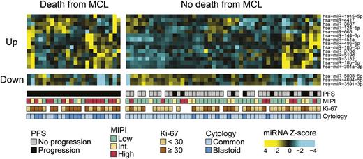Figure 2. Heatmap of miRNAs differentially expressed in patients who die of MCL. Hierarchical clustering of MCL samples from patients of the MCL2 cohort. The microarray-generated heatmap demonstrates differentially expressed miRNAs (adjusted P value <.05) in patients who died of MCL (cause-specific death) compared with patients who did not die of MCL. Seventeen miRNAs were found to be differentially expressed; of these, the 14 miRNAs shown at the top part of the figure (Up) had higher expression in the patients who died of MCL, whereas the 3 miRNAs shown in the bottom part (Down) had lower expression in the patients who died of MCL. Int., intermediate.
