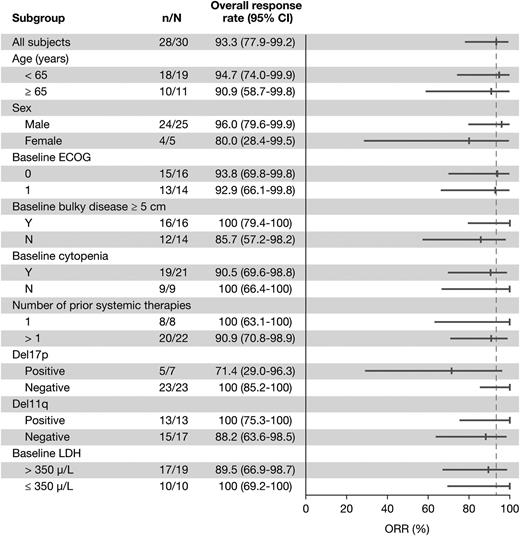 Figure 2. Overall response rate by subgroup for patients treated with BR-ibrutinib. Number of responders (n)/total (N) in primary study (PCYC-1108).