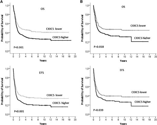 Figure 2. Overall survival (OS) and event-free survival (EFS) in HOVON/SAKK AML patients according to CXXC5 expression. (A) Survival according to microarray-based CXXC5 expression (n = 498). CXXC5 expression below the median (lower): median OS of 30 months (95% CI, 4-57); CXXC5 expression above the median (higher): median OS of 15 months (95% CI, 12-18). CXXC5 lower: median EFS of 14 months (95% CI, 10-18); CXXC5 higher: median EFS of 9 months (95% CI, 7-10). (B) Survival according to RT-qPCR expression (n = 231). Lower and higher CXXC5 expression groups were defined according to the median CXXC5 expression value, determined by the mean cycle threshold difference (∆CT) to ABL, expressed as 2∆Ct. Jurkat RNA was used to calibrate between runs. CXXC5 was more highly expressed than ABL, with a ∆CT of 2.3 at the median CXXC5 level.