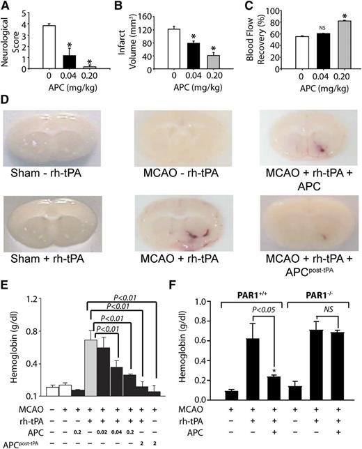 Figure 4. APC provides extensive PAR1-dependent neuroprotective effects after murine ischemia-induced stroke in the absence or presence of tPA. When APC was given 10 minutes after onset of murine middle cerebral artery occlusion (MCAO), it had beneficial effects on motor neurologic score (A), total brain infarct volume (B), and postischemic cerebral blood flow (C). (D) In MCAO studies, recombinant human (rh)-tPA was given, and tPA-induced brain hemorrhage was visualized as hemoglobin leakage at 24 hours (tPA, 0.2 mg/kg). (E) For other studies, mice received either 0.2 mg/kg APC with tPA or 2.0 mg/kg APC at 3 hours post-tPA, and bleeding in the ischemic hemisphere was quantified. Results showed that APC decreased tPA-induced bleeding. (F) Similar studies using PAR1 null mice (PAR1−/−) showed that PAR1 was required for the ability of APC to prevent tPA-induced bleeding. Panels A-C reprinted from Cheng et al57 with permission; panels D-F reprinted from Cheng et al58 with permission.