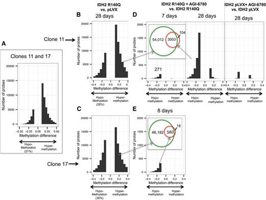 Figure 2. IDH2 R140Q inhibitor AGI-6780 reverses DNA hypermethylation. (A-C) R140Q expression results in a DNA hypermethylation phenotype (A, combined clones 11 and 17; B, clone 11; C, clone 17) that can be reversed by 1 μM AGI-6780 treatment of 7 or 8 days (D, left; E) or 28 days (D, middle), with a concomitant decrease in 2HG from 21.44 mM (TF-1 R140Q) to 0.44 mM (TF-1 R140Q + AGI-6780). Venn diagram (inset) shows overlap between methylation sites increased with IDH2 R140Q expression and decreased on AGI-6780 treatment (red circle). A smaller number of DMPs are induced by AGI-6780 treatment of pLVX cells (D, right). Significance, q-value <.05; minimum β-value difference, 0.1.