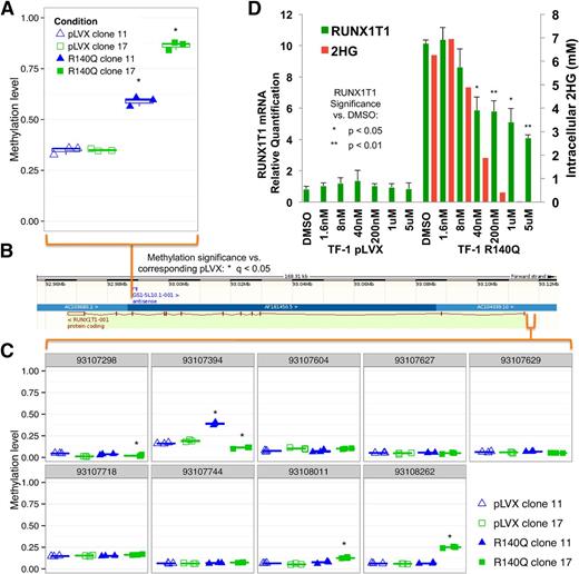 Figure 3. RUNX1T1 methylation, expression, and 2HG level correlation. (A) Methylation of RUNX1T1 is enriched in the intragenic region in TF-1 R140Q cells (clone 11 and clone 17) compared with TF-1 pLVX (n = 12). (B) Gene map: black and white bar (top), chromosomal position; light green bar (bottom), gene structure, with exons as maroon vertical bars. (C) Methylation in the promoter region in TF-1 R140Q cells (clone 11 and clone 17) compared with TF-1 pLVX (n = 3; gray bar, chromosomal position). (D) Increase in RUNX1T1 mRNA expression is observed in TF-1 R140Q cells, which can be reversed (as measured by real-time PCR) after 7 days of treatment with AGI-6780. The decrease in expression also correlates with a dose-dependent decrease in the production of 2HG on compound treatment. Error bars = standard deviation.