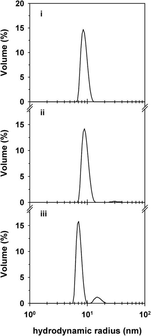 Figure 6. Size distribution profile of the VAR2CSA ectodomain in the presence and absence of CSA in solution. The size distribution by volume of purified VAR2CSA ectodomain (250 µg mL−1) in the absence (i) and in the presence of 130 µg/mL CSA (ii) or 320 µg mL−1 CSA (iii). Note the shift in the hydrodynamic radius of the VAR2CSA ectodomain in the presence of CSA and the appearance of a minor population with a hydrodynamic radius twice that of the major population. CSA is not detectable at the concentrations employed in this study. A representative example of 3 biological replicates is shown.