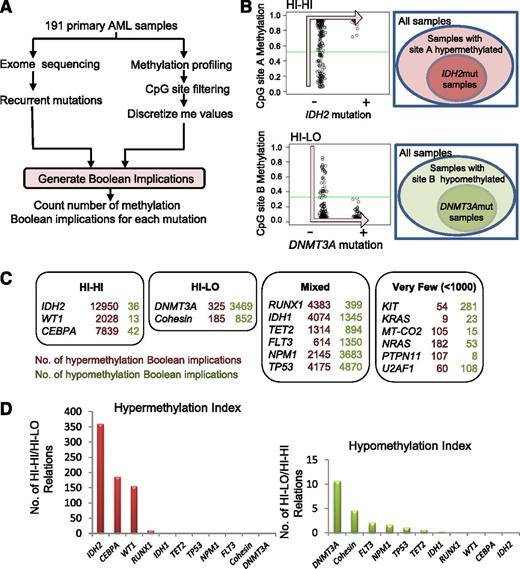Figure 1. Boolean implications identify mutations strongly linked to changes in DNA methylation. (A) Schematic of process for generating Boolean implications. (B) Examples of HI-HI (hypermethylation) and HI-LO (hypomethylation) implications between mutation and methylation. (C) Summary of the total number of HI-HI (left) and HI-LO (right) Boolean implications with CpG sites from Illumina 450K array for each recurrent mutation in the TCGA AML data set. Each mutation is categorized into 1 of 4 groups (HI-HI, HI-LO, Mixed, or Very Few) according to the predominant numbers of either HI-HI or HI-LO implications. (D) Graph of hypermethylation index (number of HI-HI/number of HI-LO) (left) or hypomethylation index (number of HI-LO/number of HI-HI) (right) for each mutation.