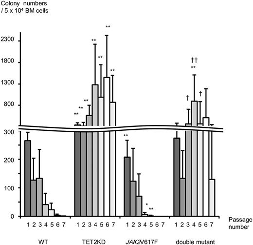 Figure 4. TET2 knockdown restores the JAK2V617F-induced impaired self-renewal capacity in vitro. Enumeration of colonies and serial replating capacity of 5 × 104 BM cells from recipients transplanted with 4 types of cells at 20 to 28 weeks after transplantation (n = 7-9). Compared to the BM cells from WT mice, those from JAK2V617F mice generated smaller numbers of colonies in vitro, whereas those from TET2KD mice generated larger numbers. Serial replating assays revealed restored serial replating capacity of cells by loss of TET2 in JAK2V617F BM cells. Error bars represent standard deviation. *P < .05 and **P < .01 vs WT mice; †P < .05 and ††P < .01 vs JAK2V617F mice.