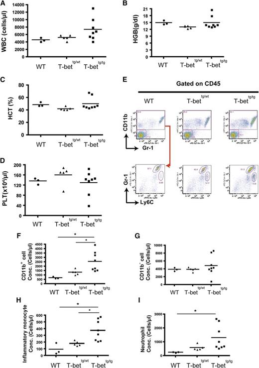 Figure 3. Number of myeloid cells are increased in the circulation of PAP mice. (A-D) Results of CBCs in PB from WT, T-bettg/wt, and T-bettg/tg mice at 25- to 30-weeks of age: WBCs (A), hemoglobin (B), hematocrit (C), and platelets (D). (E) Representative flow diagrams of living cell-gated populations in the PB of each mouse genotype. Myeloid cells were immunophenotypically defined as CD11b+. The myeloid-gated cells were further analyzed for their levels of Ly6C and Gr-1 expression. Inflammatory monocytes and neutrophils are defined as Gr-1Mid, Ly6CHigh and Gr-1High, and Ly6CMid, respectively. (F-I) Numbers of myeloid cells (F), nonmyeloid cells (CD11b-) (G), inflammatory monocytes (H), and neutrophils (I) in PB from each genotype; n = 3, 5, and 8. *P < .05 (1-way ANOVA, followed by Tukey’s multiple comparisons tests). HCT, hematocrit; HGB, hemoglobin; PLT, platelets.