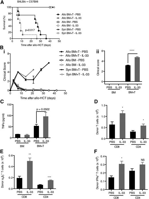 Figure 3. Administration of IL-33 post–allo-HCT increases the severity of GVHD. (A) C57BL/6 recipient mice of either 5 × 106 BALB/c (allo) or C57BL/6 (syngeneic) BM and 5 × 106 T cells (CD90-sorted) were treated with recombinant IL-33 (from day 3 to day 7 after BMT; 0.4 μg/dose) or phosphate-buffered saline (PBS) as control and monitored for survival. Allo BM+T-IL-33 vs Allo BM+T-PBS. P = .017. (B) Clinical GVHD scores were monitored throughout the experiment (Bi) and statistical differences were assessed on day 8 after allo-HCT (Bii) for the experiment shown in (A). (C) Concentrations of TNF-α were measured on day 8 after allo-HCT in the serum of C57BL/6 allogeneic recipients (received BM or BM plus T cells from BALB/c mice) treated with IL-33 (5 × 0.2 μg) or PBS. (D-F) Number of BALB/c donor T cells (D), a4β7+ T cells (E), or IFN-γ+ T cells (F) isolated from lamina propria of the small intestine of C57BL/6 allogeneic recipients treated with IL-33 (5 × 0.2 μg) or PBS on day 8 after allo-HCT. NS, not significant.