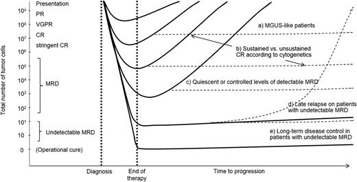 Figure 2. Schematic representation to illustrate the paradigm of the deeper the response, the longer the (progression-free) survival (filled lines). However, distinct biological subgroups exist, and their clinical course may differ from the paradigm (dotted lines): a, those patients with a baseline MGUS-like signature and prolonged survival irrespectively of CR; b, those patients with unsustained CR (high-risk cytogenetics and persistent MRD); c, MRD-positive patients who may also experience extended outcomes if small residual clones are quiescent (MGUS-like) or under control (eg, by immune cells); d, an MRD-negative result does not preclude the risk of relapse, and optimization of MRD monitoring together with follow-up MRD studies are likely crucial to predict relapses early on; e, long-term disease control (ie, functional cure) could potentially be achieved if therapy eradicates (detectable) MRD levels. This is a hypothetical model, which does not translate to the real behavior of individual patients.