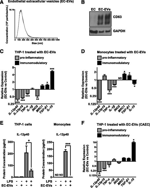 Figure 2. ECs secrete extracellular vesicles (EC-EVs) that inhibit monocyte activation and modulate polarization. (A) Nanoparticle analysis of EVs isolated from HUVEC media by ultracentrifugation. A representative experiment of 3 is shown. The mode particle size is 142 ± 2.6 nm. (B) Western blotting of the exosomal marker, CD63, in lysates from ECs and isolated EC-EVs (2 independent preparations). (C) EC-EVs (10 μg/mL) isolated from HUVECs suppress the activation of THP-1 monocytic cells by LPS (as assessed by qRT-PCR of proinflammatory genes) and promote their polarization (as assessed by qRT-PCR of immunomodulatory markers); n = 5. (D) HUVEC-derived EC-EVs (10 μg/mL) polarize the response of primary monocytes to LPS treatment. ND, not detected. n = 5. (E) Protein levels of IL-12p40 in the medium of EC-EV–treated THP-1 cells and primary monocytes, as measured by ELISA. Cells were either unstimulated or treated with LPS for 8 hours. n = 5. (F) EC-EVs isolated from human CAECs polarize monocyte activation in response to LPS treatment. n = 3.