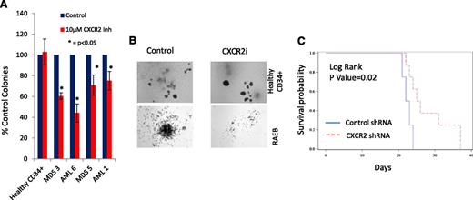 Figure 7. CXCR2 inhibition leads to inhibition in primary AML/MDS samples and increased survival in vivo. (A) Four primary MDS/AML samples were grown in the presence and absence of the CXCR2 inhibitor and demonstrated inhibition of leukemic colony growth after treatment. (B) The size of leukemic colonies was also reduced. NSG mice were xenografted with U937 cells containing control or CXCR2 shRNAs. (C) Mice with CXCR2 shRNA xenografts demonstrated significantly improved overall survival (log rank, P = .02).