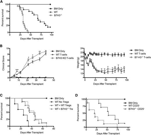Figure 4. B7-H3−/− donor T cells augment GVHD. (A) BALB/c mice were lethally irradiated and infused with 107 B6 NTCD BM and 1 × 106 B6-WT or B7-H3−/−–purified T cells. Survival plot of WT (solid circle) vs B7-H3−/− (open circle) is shown (n = 16 per group; P < .0001). Two experiments with comparable results were pooled. (B) BALB/c mice were lethally irradiated and infused with 107 B6 NTCD BM and 1 × 106 B6 or B7-H3−/−-purified T cells. Mice were analyzed for weights and clinical scores, the latter of which were not scored beyond day 41 because they had reached mean values of >8 in both groups (n = 8 per group). One experiment was performed. (C) BALB/c mice were lethally irradiated and infused with 107 B6 NTCD BM, 1 × 106 B6-purified T cells, and 0.5 × 106 B6-WT or B7-H3−/−-purified Tregs. Survival plot of B6-WT Tregs (solid triangle) vs B7-H3−/− Tregs (open triangle) is shown (n = 8-9 per group; P < .0001). One experiment was performed. (D) BALB/c mice were lethally irradiated and infused with 107 B6 NTCD BM and 1 × 106 B6-WT or B7-H3−/− CD25-depleted–purified T cells. Survival plot of WT (solid circle) vs B7-H3−/− (open circle) is shown (n = 8 per group; P < .05). One experiment was performed. *P < .05; **P < .01. KO, knockout.