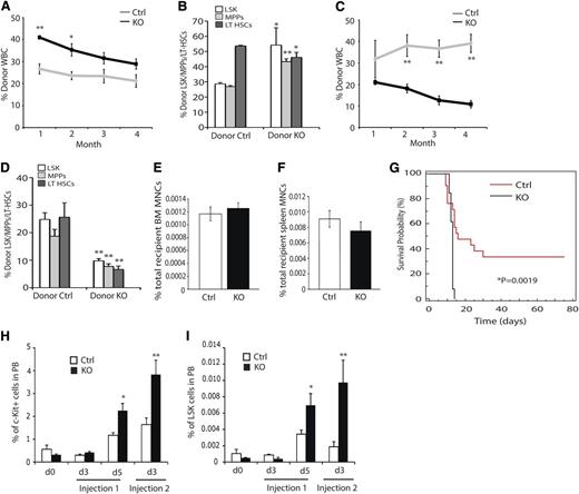 Figure 3. Impact of ARNT deletion on HSC function. (A) Competitive reconstitution analysis demonstrates enhanced reconstitution of irradiated recipients by KO BM (n = 4 ctrl donors, n = 33 recipients, n = 4 KO donors, n = 33 recipients). (B) Four months after reconstitution, we evaluated reconstitution of hematopoietic progenitors in recipient animals. (C) Secondary reconstitution reveals defects in long-term reconstitution in KO HSCs (n = 19 ctrl recipients, n = 15 KO recipients). (D) Four months after secondary transplantation, we assessed donor contribution to the hematopoietic progenitors and found diminished reconstitution of all progenitors. (E-F) Homing to the bone marrow (E) and spleen (F) is unaffected by loss of ARNT (n = 5 ctrl, n = 5 KO). (G) 5-FU myelosuppression assay shows diminished survival of KO animals (black) relative to control animals (red) (n = 13 ctrl, n = 13 KO). (H-I) KO animals exhibited enhanced mobilization of both c-Kit+ progenitors (H) and LSK cells (I) in the peripheral blood after 5-FU treatment (n = 10 ctrl, n = 10 KO). *P < .05, **P < .01.