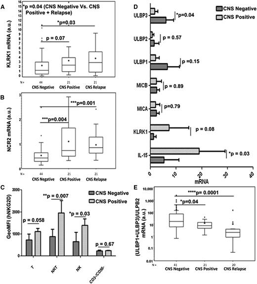 Figure 7. Expression of NKG2D and NKp44 receptors and ligands on NK cells and the association with CNS leukemia. Box plots demonstrating the positive association between the expressions of (A) NKG2D/KLRK1 and (B) NKp44/NCR2, respectively, and CNS involvement in leukemia in the entire set of 86 primary BM samples. (C) Geometric mean fluorescence intensity of human NKG2D protein expression on T cells (CD45+/CD3+/CD56−/CD19−), natural killer T (NKT) cells (CD45+/CD3+/CD56+/CD19−), NK cells (CD45+/CD3−/CD56+/CD19−), and CD45+/CD3−/CD56−/CD19+/− cells in a subset of 6 CNS-negative and 3 CNS-positive primary BM samples. (D) qRT-PCR of IL-15, NKG2D/KLRK1, MICA, MICB, ULBP1, ULBP2, and ULBP3 in the same set as C. mRNA values are normalized to SDHA expression. (E) Association of (ULBP1 + ULBP3/ULBP2) mRNA ratio and CNS involvement in leukemia in the entire set of BM samples. Data shown were derived through qRT-PCR after reverse transcription using RNA of BM mononuclear cells at initial diagnosis. The line within the box plots of A, B, and E corresponds to the median value, the star is the mean value, the box length is the interquartile range, and the lines emanating from the box (whiskers) extend to the smallest and largest observations; outliers are indicated. a.u., arbitrary units. Statistical analyses were done by applying the 2-tailed Student t-test.