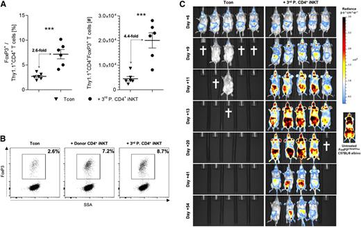 Figure 3. Third-party CD4+ iNKT cells promote an expansion of donor Tregs. (A) Relative and absolute numbers of donor Tregs from spleens of BALB/c recipient mice at day +10. Error bars indicate SEM. Pooled data from 2 independent experiments with 6 mice per group are shown. (B) Representative dot plots gated on live Thy1.1+CD4+ donor T cells re-isolated at day +10 from BALB/c recipient spleens. Shown is 1 of 2 independent experiments. (C) BALB/c recipient mice received Tcons from FoxP3DTR/GFP/luc C57BL/6 albino mice with and without CD4+ iNKT cells from FVB/N third-party mice. Bioluminescence signals derive from luc+FoxP3+ donor T cells. Shown is 1 of 2 independent experiments with 5 mice per group, as well as a representative bioluminescence image from one untreated FoxP3DTR/GFP/luc C57BL/6 albino mouse. The † indicates that all animals from the respective group died or needed to be euthanized. ***P ≤ .001. SSA, side scatter area.