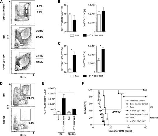 Figure 5. MDSCs are required for Treg expansion and protection from lethal GVHD. (A) Representative dot plots gated on live donor (CD45.1+) and lineage negative (CD3−CD19−CD49b−TER-119−) cells from spleens of BALB/c recipient mice at day +10 after allogeneic HCT. Absolute and relative cell numbers of donor (B) CD11b+Gr-1high and (C) CD11b+Gr-1int MDSCs. Error bars indicate SEM. Three animals per group from 1 of 3 independent experiments are shown. (D) Representative dot plots gated on live and lineage negative (CD3-CD19-CD49b-TER-119-) cells from spleens of BALB/c mice injected with ITC or RB6-8C5. (E) Absolute number of donor Tregs re-isolated from spleens of BALB/c mice at day +10. Error bars indicate SEM. Three animals per group from 1 of 2 independent experiments are shown. (F) Overall survival of BALB/c recipient mice either depleted (RB6-8C5) or nondepleted (ITC) of MDSCs. Ten mice per group except irradiation control (n = 6). Pooled data from 2 independent experiments are shown. *P ≤ .05. ITC, isotype control antibody.