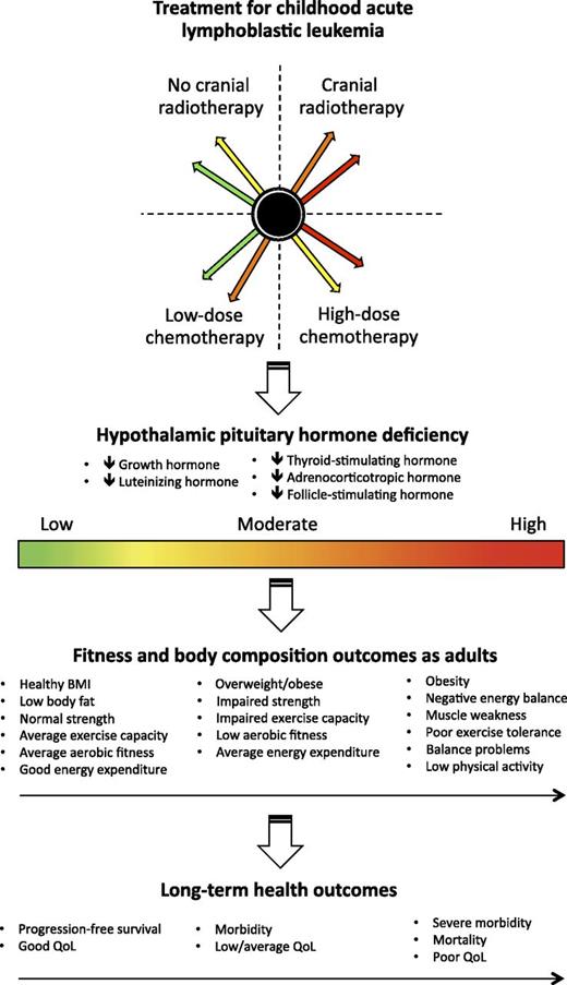 Hypothetical framework showing the impact of primary childhood ALL treatment on fitness, body composition, and health outcomes in adult survivors. Deficits in fitness and body composition may be directly related to the level of hypothalamic pituitary hormone deficiency as a result of primary cancer treatment. More severe decrements in body composition and fitness result in less favorable health outcomes, survival, and quality of life. BMI, body mass index; QoL, quality of life.
