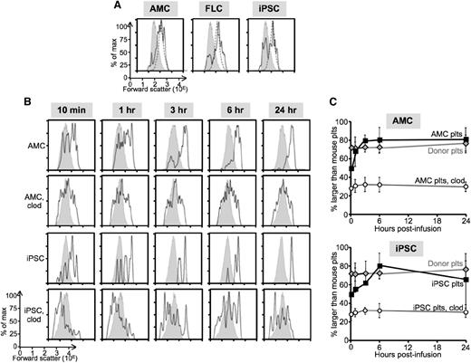 Figure 3. Size distribution of platelets in recipient mice. (A) Representative flow cytometric studies from ≥5 studies 1 hour after infusion showing forward scatter distribution as an indicator of size for the recipient mice platelets (shaded gray) compared with infused human donor platelets (dotted line) to mice studied in parallel receiving infused EV-megakaryocytes (solid line) grown from AMCs (left), FLCs (center), and iPSCs (right). (B) Representative size distribution studies after infused AMC- or iPSC-derived EV-megakaryocytes as indicated ± clodronate-ladened liposome (clod) pretreatment of the recipient NSG mice as determined by forward scatter with recipient mice platelet size as an internal size standard. (C) Mean ± SEM of ≥5 studies per arm of changes after infused AMC (top) or iPSC (bottom) EV-megakaryocytes or donor platelets that are >90% of recipient mouse platelet size. In some studies, the recipient mice had been pretreated with clodronate-ladened liposomes.