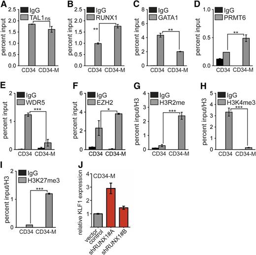 Figure 5. Occupancy of the KLF1 promoter during megakaryocytic differentiation of hCD34+ cells. Binding of transcription factors and histone modifications at KLF1 promoter were determined before (CD34) and after megakaryocytic differentiation (CD34-M) by ChIP. (A) TAL1 binding remained similar upon megakaryocytic differentiation. (B) RUNX1 binding was increased after megakaryocytic differentiation. (C) GATA1 binding was decreased upon megakaryocytic differentiation. (D) PRMT6 binding was increased after megakaryocytic differentiation. (E) WDR5 binding was decreased on megakaryocytic differentiation. (F) EZH2 binding was increased after megakaryocytic differentiation. (G) H3R2me2 was increased upon megakaryocytic differentiation. (H) H3K4me3 was decreased after megakaryocytic differentiation. (I) H3K27me3 was decreased upon megakaryocytic differentiation. (J) Knockdown of RUNX1 by 2 different shRNAs in CD34-M cells increased KLF1 mRNA amount. Quantitative PCR values of ChIP experiments are shown as percentage input. Values gathered for histone H3 modifications were normalized with a ChIP against unmodified histone H3. The P values were calculated using Student t test. *P < .05; **P < .01; ***P < .001.