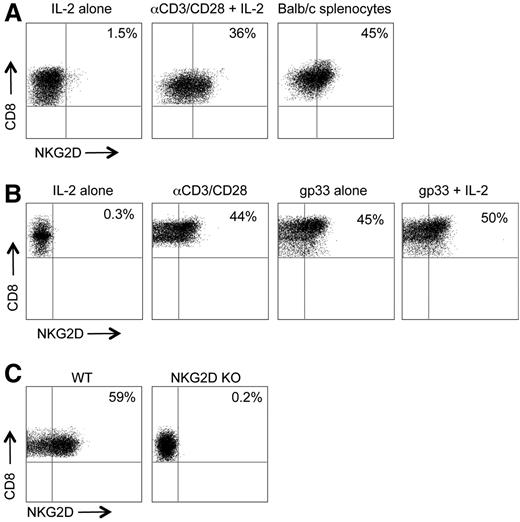 Figure 1. NKG2D is induced on CD8+ T cells after TCR stimulation in vitro and in vivo. (A) WT CD8+ T cells were activated with IL-2 alone, anti-CD3/CD28, and IL-2, or with irradiated Balb/c splenocytes for 3 days. (B) CD8+ T cells from P14 mice were stimulated with IL-2 alone, anti-CD3/CD28, gp33 peptide, or gp33 peptide + IL-2 for 3 days. Representative flow cytometric plots of NKG2D expression on CD8+ T cells are shown. (C) Irradiated Balb/c mice were transplanted with B6 TCD BM cells and B6 or NKG2D KO-derived FACS-sorted CD8+ T cells. On day 7, donor-derived CD8+ T cells were analyzed for expression of NKG2D by flow cytometry. One representative of 2 to 3 independent experiments is shown.
