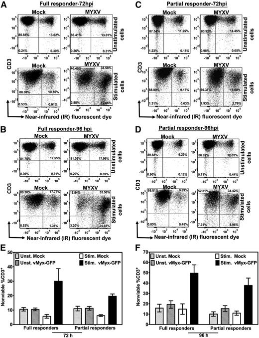 Figure 3. MYXV infection and stimulation of human T cells reduces their viability. Cell death of T cells was evaluated 72 hours and 96 hours after mock-treatment or MYXV treatment, and ± anti-CD3/CD28 stimulation, using flow cytometry. To assess cell viability, T cells were labeled with the live/dead near-infrared (IR) fluorescent dye, an amine-reactive dye that binds covalently to intracellular and extracellular amines, generating a bright signal that allows the distinction between live/dead cells in a single channel. In addition, the staining pattern of this dye is preserved following cell fixation. (A-B) A representative full responder donor. (C-D) A representative partial responder donor. The percentage of cells was evaluated under unstimulated (top panels) and stimulated conditions (bottom panels). The data revealed that MYXV infection plus stimulation of T cells increased the percentage of cell death of the CD3+ population in culture. (E-F) Summaries of the profile of cell death among donors (N = 4 for each type of donor).