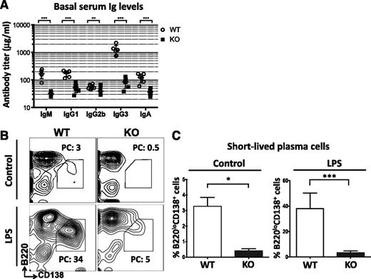 Figure 4. Hypogammaglobulinemia and defective B-cell function in miR-142−/− mice. (A) Hypoimmunoglobulinemia in miR-142−/− mice. Analysis of serum immunoglobulins (Igs) in 8-week-old female WT (n = 6) and KO (n = 6) mice by enzyme-linked immunosorbent assay (ELISA). (B-C) miR-142 KO B cells have a significantly reduced capacity to differentiate into short-lived plasma cells. (B) FACS analysis of WT and KO splenocytes either left unstimulated or stimulated with lipopolysaccharide (20 μg/mL) for 3 days. Short-lived plasma cells (B220loCD138+) are gated and numbers indicate the percentage of cells in the gate. (C) Percentage of B220loCD138+ plasmablasts in unstimulated (n = 4) or lipopolysaccharide -stimulated (n = 6) WT and KO splenocyte cultures. Results are shown as means ± SD and are representative of 2 independent experiments. P values were calculated using Student t test. *P ≤ .05; **P ≤ .01; ***P ≤ .001. LPS, lipopolysaccharide; PC, plasma cells.