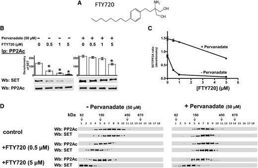 Figure 5. Effect of FTY720 on the association of the SET/PP2A complex. (A) Chemical structure of FTY720. (B) Freshly isolated CLL cells were cultured in the absence or presence of 50 µM pervanadate, supplemented with increasing concentration of FTY720 for 8 hours. After such treatment, each sample was immunoprecipitated with anti-PP2Ac antibody and the immunocomplexes were analyzed by western blot (Wb) analysis with anti-SET. Blots were then stripped and reprobed with anti-PP2Ac antibody. Pooled densitometric analyses (arbitrary units) of the Wb bands of the immunoblots are shown. (C) The interaction of SET and PP2A in pervanadate-treated and untreated CLL cells was measured as a ratio of the densitometric values of SET over those of PP2A as a function of FTY720 concentration. (D) Cytosol purified by freshly isolated CLL cells treated as previously described was loaded on top of a linear glycerol gradient (10%-40%) and centrifuged for 18 hours at 100 000g in an SW60Ti rotor (Beckman Coulter) at 4°C. Eighteen fractions (200 μL each) were collected from top and analyzed by immunoblotting with anti-PP2Ac and anti-SET antibody. The figure is representative of experiments performed in triplicate on samples from each of 16 CLL patients. Downward arrows represent the position of molecular weight standards on glycerol gradients, glutamate dehydrogenase (62 kDa), alcohol dehydrogenase (150 kDa), apoferritin (443 kDa), and thyroglobulin (669 kDa; Sigma-Aldrich), indicated to estimate the molecular weight of the protein. The figure is representative of experiments performed in triplicate on samples from each of 16 CLL patients.