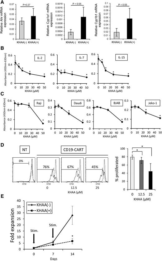 Figure 4. Effect of tryptophan metabolites on CD19-CART proliferation. (A) AHR, CYP1A1, and CYP1B1 mRNA expression measured by real-time PCR on CD19-CARTs treated with or without KHAA (12.5 μM) for 24 hours. Data represent mean ± SD of 4 T-cell lines generated from 4 healthy donors and normalized to GAPDH expression. (B) CD19-CARTs were cultured in media containing increasing amounts of l-kynurenine and 3-HAA (KHAA) (0, 6.25, 12.5, 25, or 50 μM) with IL-2 (50 U/mL), IL-7 (10 ng/mL), or IL-15 (5 ng/mL) for 72 hours. (C) Four B-cell lymphoma lines (Raji, Daudi, BJAB, or Jeko-1) were cultured in media containing increasing amounts of KHAA for 72 hours, without exogenous cytokines. Cell proliferation was studied by the XTT assay. One representative set of 3 experiments is shown (*P < .05). (D) NTs or CD19-CARTs labeled with CFSE were cultured with irradiated Raji cells for 3 days in the absence or presence of KHAA (12.5 or 25 μM) without any added exogenous cytokines. CFSE dilution was assayed by flow cytometry, gating on CD3-positive cells. Controls (dotted line) were cultured without Raji cells. Data represent mean ± SD of CSFE dilution in 4 T-cell lines generated from 4 healthy donors (*P < .05). (E) The number of CD19-CARTs cultured in the presence or absence of KHAA (12.5 μM) was determined at the end of each 7-day expansion cycle. Data represent mean ± SD of 5 T-cell lines generated from 5 donors (*P < .01).