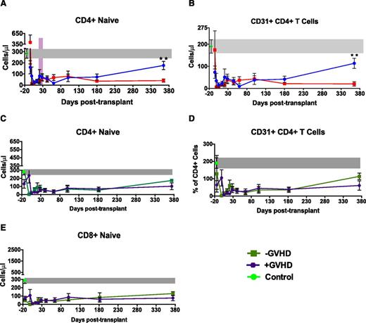 Figure 7. Impact of CMV reactivation and GVHD on the reconstitution of CD4+ Tnaive and CD31+ recent thymic emigrants. (A) Longitudinal analysis of the reconstitution of CD4+ Tnaive. Data are mean ± SEM in +CMV patients (n = 7), −CMV patients (n = 10), and healthy controls (n = 10). Also shown is the mean day of CMV reactivation (±SEM), depicted as a purple bar. (B) Longitudinal analysis of the reconstitution of CD31+/CD4+ recent thymic emigrants. Data are mean ± SEM in +CMV (n = 7), −CMV patients (n = 10), and healthy controls (n = 10). *P ≤ .05; **P ≤ .01; NS, nonsignificant; Wilcoxon rank-sum test. (C) Longitudinal analysis of the reconstitution of CD4+ Tnaive dichotomized based on GVHD status. Data are mean ± SEM in +GVHD patients (purple circles, n = 10), −GVHD patients (green squares, n = 7), and healthy controls (green circle and gray bar, n = 10). (D) Longitudinal analysis of the reconstitution of CD31+/CD4+ recent thymic emigrants dichotomized based on GVHD status. Data are mean ± SEM in +GVHD patients (purple circles, n = 10), −GVHD patients (green squares n = 7), and healthy controls (green circle and gray bar, n = 7). (E) Longitudinal analysis of the reconstitution of naive CD8+ T cells dichotomized based on GVHD status. Data are mean ± SEM in +GVHD patients (purple circles, n = 10), −GVHD patients (green squares, n = 7), and healthy controls (green circle and gray bar, n = 10).