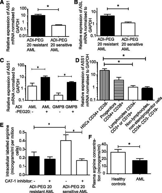 Figure 5. Expression of ASS1 and ASL is higher in ADI-PEG 20–resistant AML and normal HSCs. The relative expression of ASS1 mRNA (A) and ASL mRNA (B) was significantly higher in ADI-PEG 20–resistant AML (n = 18) than in ADI-PEG 20–sensitive AML (n = 19). ASS1 expression was higher in AML (n = 13) and GMPB (n = 4) after in vitro culture following ADI-PEG 20 exposure compared with control (C). Normal human bone marrow HSCs expressed greater amounts of ASS1 than lymphocytes or other marrow cells (CD34− CD3− CD19−) cells (n = 6) (D). (E) The uptake of labeled 13C6 arginine after 10 minutes was greater in sensitive AML (n = 6) than resistant AML (n = 6). The uptake of labeled arginine was significantly reduced by cationic amino acid transporter-1 (CAT-1) inhibitor in sensitive AML cells only. (F) Plasma arginine concentration was measured in patients at diagnosis of AML (n = 15). The arginine concentration was significantly lower than in healthy controls (n = 5). *P < .05.