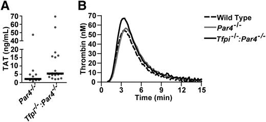 Figure 4. Tfpi−/−:Par4−/− mice have enhanced thrombin generation in vivo and in vitro. (A) TAT complex in plasma is elevated in Tfpi−/−:Par4−/− mice compared with Par4−/− mice (13.4 ± 18.1 ng/mL, n = 20 vs 6.7 ± 13.0 ng/mL, n = 12; mean ± standard deviation; P = .014). (B) Real-time thrombin generation in PPP from wild-type, Par4−/−, and Tfpi−/−:Par4−/− mice was assessed by calibrated automated thrombography. Lines represent the mean thrombin generated in pooled samples (n = 2 for each genotype) from 3 separate experiments using a total of 6 mice for each genotype.