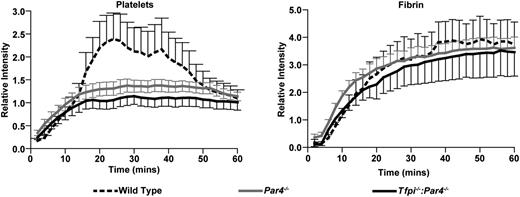 Figure 5. Lack of TFPI does not affect the dynamics of clot formation in Par4−/− mice. Thrombus formation in the femoral vein was induced by electrolytic injury. For each genotype, 2 thrombi were formed in each of 3 mice, 1 in each femoral vein, totaling 6 thrombi analyzed. Lines represent the mean and error bars the standard deviation of the relative intensities for accumulation of rhodamine 6G-labeled platelets and AlexaFluor-647–labeled anti-fibrin. Platelet accumulation is significantly decreased in both Par4−/− (P < .01) and Tfpi−/−:Par4−/− (P < .001) mice compared with wild-type mice. It is not significantly different between Par4−/− and Tfpi−/−:Par4−/− mice (P > .05). Fibrin formation is not different among the genotypes (P > .05 for all comparisons).