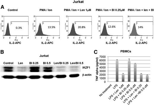 Figure 5. Effects of RSK2 inhibition on lenalidomide-mediated immune-modulatory activities. (A) Jurkat T cells (top panel) were pretreated with vehicle (control) and indicated doses of lenalidomide (Len, 1 μM) and BI-D1870 (BI, 0.25 and 0.5 μM) for 1 hour, and then stimulated with PMA (1 ng/mL)/ionomycin (Ion, 1 μg/mL) for 40 hours. The cells were fixed, stained with anti-IL-2–APC and analyzed by flow cytometry. The expression of IL-2 after different combination of treatment (from left to right) are shown. (B) The treated Jurkat cells were also harvested for analysis of IKZF1 expression by western blot. (C) Human PBMCs were pretreated with lenalidomide (1 μM) or BI-D1870 (BI), or a combination of both drugs for 1 hour and then stimulated with LPS (1 ug/mL). The supernatants were harvested and tested for TNFα production by ELISA.