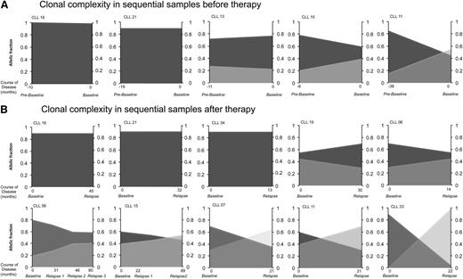 Figure 2. Clonal architecture and evolution before and after therapy. (A) Patients with sequential samples analyzed before therapy. (B) Patients with sequential samples analyzed before therapy and after relapse of therapy. The horizontal axis represents the timeline (in months) of sample collection from these patients, where negative values represent time before PCR trial and positive values depict time after PCR trial. Different shades of gray represent different subclones. The vertical axis represents subclonal abundance.