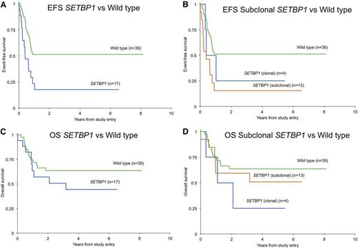 Figure 4. SETBP1 status at diagnosis affects outcome. (A) EFS in patients with a SETBP1 mutation was significantly lower than those without a mutation in the AAML0122 clinical trial (P = .006). (B) EFS in patients with a subclonal SETBP1 mutation that was only detectable by ddPCR was significantly lower than in those without a mutation (P = .004). (C) OS in patients with a SETBP1 mutation compared with those without a mutation (P = .258). (D) OS in patients with a subclonal mutation compared with those without any mutation (P = .507).