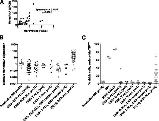 Figure 6. Mer expression in t(1;19)-positive pediatric BCP-ALL patients was compared with t(1;19)-negative control ALL patients subdivided according to their CNS status at initial diagnosis and if they suffered from CNS relapse. CNS−/CNS+ BCP-ALL: BCP-ALL initially CNS negative or CNS positive, respectively. CNS−/CNS+ T-ALL: T-ALL, initially CNS negative or CNS positive, respectively. CNS− BCP-ALL/T-ALL, CNS relapse: BCP-ALL or T-ALL, respectively, initially CNS negative, but CNS relapse later on. Remission BM: Mononuclear cells from t(1;19) BCP-ALL patients at remission (MRD negative). (A) Correlation analysis of Mer mRNA expression as determined by qRT-PCR and Mer protein expression as determined by FACS analysis in 45 t(1;19)-positive samples. (B) Mer expression (qPCR). Mer mRNA expression in the patient cohort measured by qRT-PCR. (C) Mer expression (FACS). Mer protein expression in the patient cohort measured by FACS. The 697 and MHH-CALL3 cell lines were included as controls.