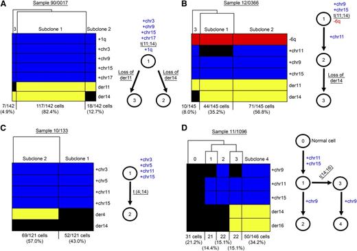 Figure 5. Single-cell genetic analysis of 4 patients with hyperdiploidy and translocation demonstrated 2 different patterns of myeloma etiology. (A-D) Hierarchical clustering of genetic information (rows) for each single-cell (columns) established different cell groups or myeloma subclones (left). Cell numbers and subclonal proportions are shown in the bottom. Blue means gains, red means losses, and yellow means positivity for translocation breakpoint. Schematic representations of the most-plausible phylogenetic tree for the defined subclonal populations were depicted (right). (A-B) The earliest ancestral clone that can be detected at the analyzed time point already had both hyperdiploidy and IGH translocations and further evolved by acquiring additional genomic changes. (A) Sample 90/0017, with each derivative chromosomes being lost in different subclones. (B) Sample 12/0366, acquisition of an extra trisomy (HRD11) and a loss of der14. (C-D) Hyperdiploidy preceded IGH translocation as shown in the earliest ancestral clone. (C) Sample 10/133. (D) Sample 11/1096, showing HRD9 as a trisomy acquired independently in 2 subclones. HRD, hyperdiploidy. See supplemental Figure 2 for an additional case study with hyperdiploidy preceding IGH translocation. Evolutionary trees inferred by using the minimum evolution method and genetic distances are provided in supplemental Figure 3.