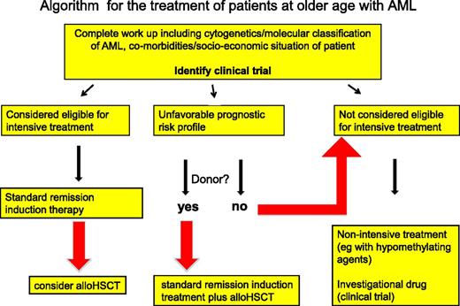 Figure 2. General algorithm for the treatment of older patients with AML. This algorithm serves as a global guideline and should not be applied dogmatically but with thoughtful consideration of the individual circumstances. Patients eligible for intensive treatment are considered for remission-induction chemotherapy, after which, depending on the response and the risk profile of the leukemia, an allogeneic HSCT as consolidation therapy can be considered. For patients with an unfavorable-risk AML, intensive chemotherapy is mainly considered when a donor for an allogeneic HSCT is available and a subsequent allogeneic HSCT can be foreseen. Otherwise, these unfavorable-risk patients and patients ineligible for intensive chemotherapy will more likely be considered for less-intensive treatment approaches, or for a clinical trial with an interesting investigational agent. A minority of these patients may eventually still proceed to an allogeneic HSCT in case they would show an exceptionally good response to treatment and their general performance status at that point appears to show sufficient improvement so that an allogeneic HSCT is considered feasible. For reasons discussed in the text, we recommend including patients in a clinical trial whenever possible. Medical criteria and dilemmas regarding patient eligibility for intensive chemotherapy are also discussed in the manuscript.