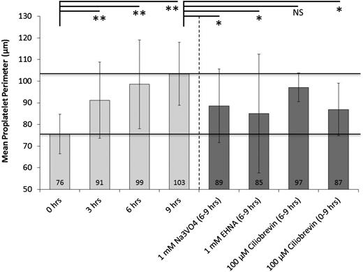 Figure 3. Proplatelets become shorter after inhibition of dynein function. Mean proplatelet perimeter increases by ∼1.5-fold over the course of 9 hours during static tissue culture. The addition of 1 mM Na3V04 or EHNA (broad-spectrum cytoplasmic dynein inhibitors) at 6 hours inhibits further proplatelet elongation. Comparable inhibition of proplatelet elongation was attained with 100 µM Ciliobrevin D (specific cytoplasmic dynein inhibitor) when added at 0 hours, but not at 6 hours, of culture. Analyses were performed for at least 4 independent samples. Error bars represent 1 standard deviation about the mean. Statistical significance was established using a 1-tailed Student t test for paired samples (**P < .01, *P < .05).