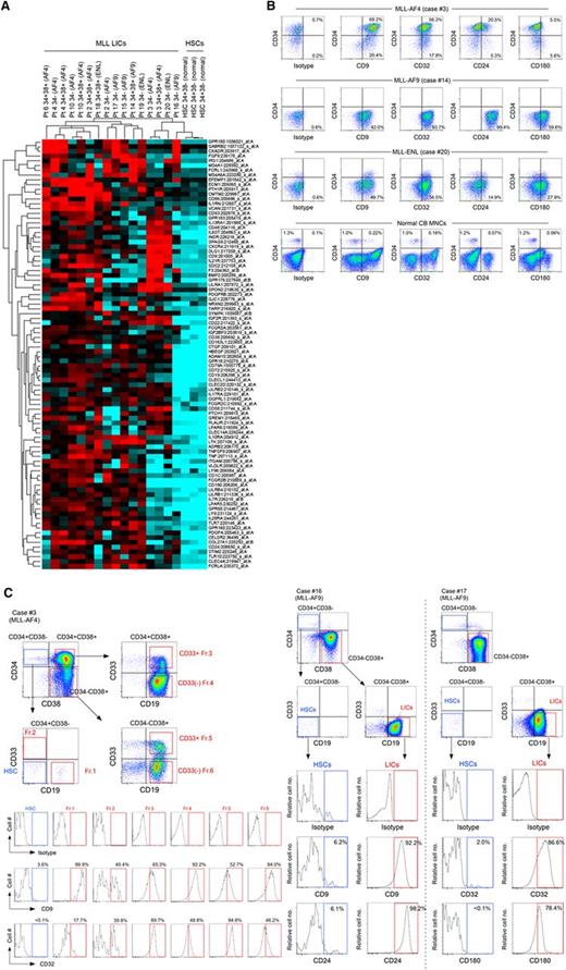 Figure 5. Global gene expression profiling identifies genes expressed in MLL-ALL LICs but not in HSC/HPCs. (A) Transcripts of cell surface molecules over-represented in MLL-AF4 (cases 2, 3, 4, 6, and 10), MLL-AF9 (cases 14-17), and MLL-ENL (cases 18-20) LICs compared with 3 independent normal human BM HSCs. (B) Representative flow cytometry plots showing expression of CD9, CD32, CD24, and CD180 in human CD45+ ALL cells (MLL-AF4 case 3, MLL-AF9 case 14, and MLL-ENL case 20) and normal CB MNCs. Frequencies of cells expressing the markers are indicated. (C) Expression of CD9 and CD32 (MLL-AF4+ case 3), CD9 and CD24 (MLL-AF9+ case 16), and CD32 and CD180 (MLL-AF9+ case 17) in the HSC-enriched CD34+CD38−CD19−CD33− population and LIC populations was analyzed by flow cytometry.