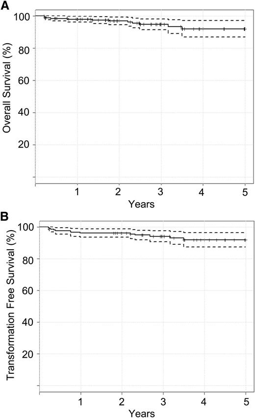 Figure 2. Survival curves calculated using the Kaplan-Meier estimate. (A) Overall survival and (B) transformation-free survival.