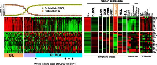 Figure 2. miRNA expression-based classification. An miRNA classifier derived using a Bayesian algorithm resulted in a 27-miRNA classifier (with 11 upregulated and 16 downregulated miRNAs) that can separate BL from DLBCL patients. The precision of the classifier was estimated by LOOCV, and a 90% probability threshold was used to differentiate the 2 entities. The expression of the miRNA classifier is compared in the DLBCL subgroups, mantle cell lymphoma (MCL), small lymphocytic lymphoma (SLL), HGL-UC, and normal B cells and cell lines. Orange boxes highlight the expression pattern in HGL-UC and BL cell lines.