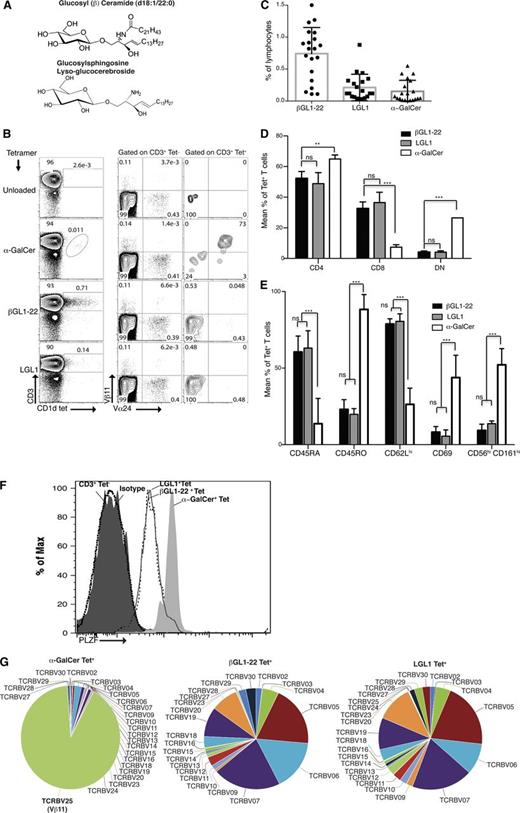Figure 1. Detection and characterization of surface phenotype and TCR repertoire of βGL1-22– and LGL1-reactive T cells. (A) The chemical structure of glucosylceramide (top panel) and glucosylsphingosine (bottom panel) used in this study. (B) Panel showing staining of human PBMCs with CD1d tetramers loaded with α-GalCer, βGL1-22, or LGL1. Invariant TCR usage was monitored using anti-Vα24 and anti-Vβ11 antibodies. Numbers in the contour plots show percentages of cells in CD3+ tetrameter-negative (Tet−) and CD3+ tetrameter-positive (Tet+) gates, respectively. (C) Plot summarizing percentages of lymphocytes staining in freshly isolated PBMCs from healthy donors for CD1d tetramer loaded with βGL1-22, LGL1, or α-GalCer. Data are presented as mean ± standard error of the mean (SEM), with each dot indicating 1 donor (n = 20). (D) Compiled results from analyses of 5 different human PBMCs showing the mean percentages of CD4+, CD8+, and CD4−CD8− (DN) expressing βGL1-22, LGL1, or α-GalCer tetramer-positive T cells. Error is presented as SEM among donors (***P < .0001; **P < .001). (E) Compiled results from analyses of 5 different human PBMCs showing mean percentages of CD45RA, CD45RO, CD62L, CD69, CD56, and CD161 expression by human βGL1-22, LGL1, or α-GalCer CD1d tetramer-positive T cells. Error is presented as SEM among donors (***P < .0001). (F) Intracellular flow cytometry with anti-PLZF monoclonal antibody (mAb) of α-GalCer tetramer-positive (gray shaded), βGL1-22 tetramer-positive (dashed line), or LGL1 tetramer-positive (solid line) and conventional T cells CD3+Tet− (black shaded) from freshly isolated human PBMCs as indicated. The isotype control is the dotted line histogram. Data are representative of 4 experiments. (G) TCR sequencing analysis of in vitro expanded and sorted CD1d-α-GalCer, βGL1-22, or LGL1 tetramer-positive T cells. Pie charts representing the TCRVβ repertoire usage by α-GalCer–, βGL122–, and LGL1-specific T cells. Data are representative of 3 separate experiments.