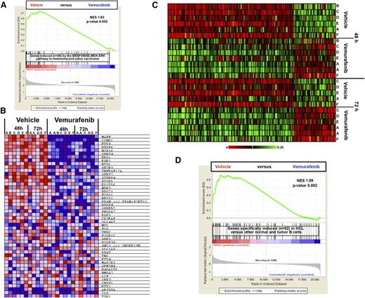 Figure 2. Vemurafenib silences the transcriptional output of the BRAF-MEK-ERK pathway in HCL and the whole expression signature distinguishing HCL from normal B cells and other B-cell neoplasms. (A) The overall expression of the 48 genes induced by the BRAF-MEK-ERK pathway in melanoma and colorectal carcinoma20 is considerably depleted in the profiles of HCL cells treated for 48 and/or 72 hours with vemurafenib (13 samples from 6 patients) vs drug vehicle (11 samples from the same 6 patients), according to GSEA. (B) Color-coded heat map showing, in the individual HCL samples, the expression (red = high; blue = low) of these 48 genes, ranked by their signal-to-noise ratio (the default GSEA metric) in vemurafenib-treated vs vehicle-treated samples. (C) Color-coded expression heat map of genes significantly modulated (twofold change, corrected P < .05) in HCL cells from 6 patients (A-F) treated with vemurafenib 1 µM vs DMSO for 48 and/or 72 hours. (D) The overall expression of the HCL-specific signature (distinguishing HCL from normal B cells and other B-cell neoplasms3) is considerably depleted in the profiles of HCL cells (from 6 patients) treated with vemurafenib vs drug vehicle (DMSO) for 48 and/or 72 hours, according to GSEA.19 NES, normalized enrichment score.